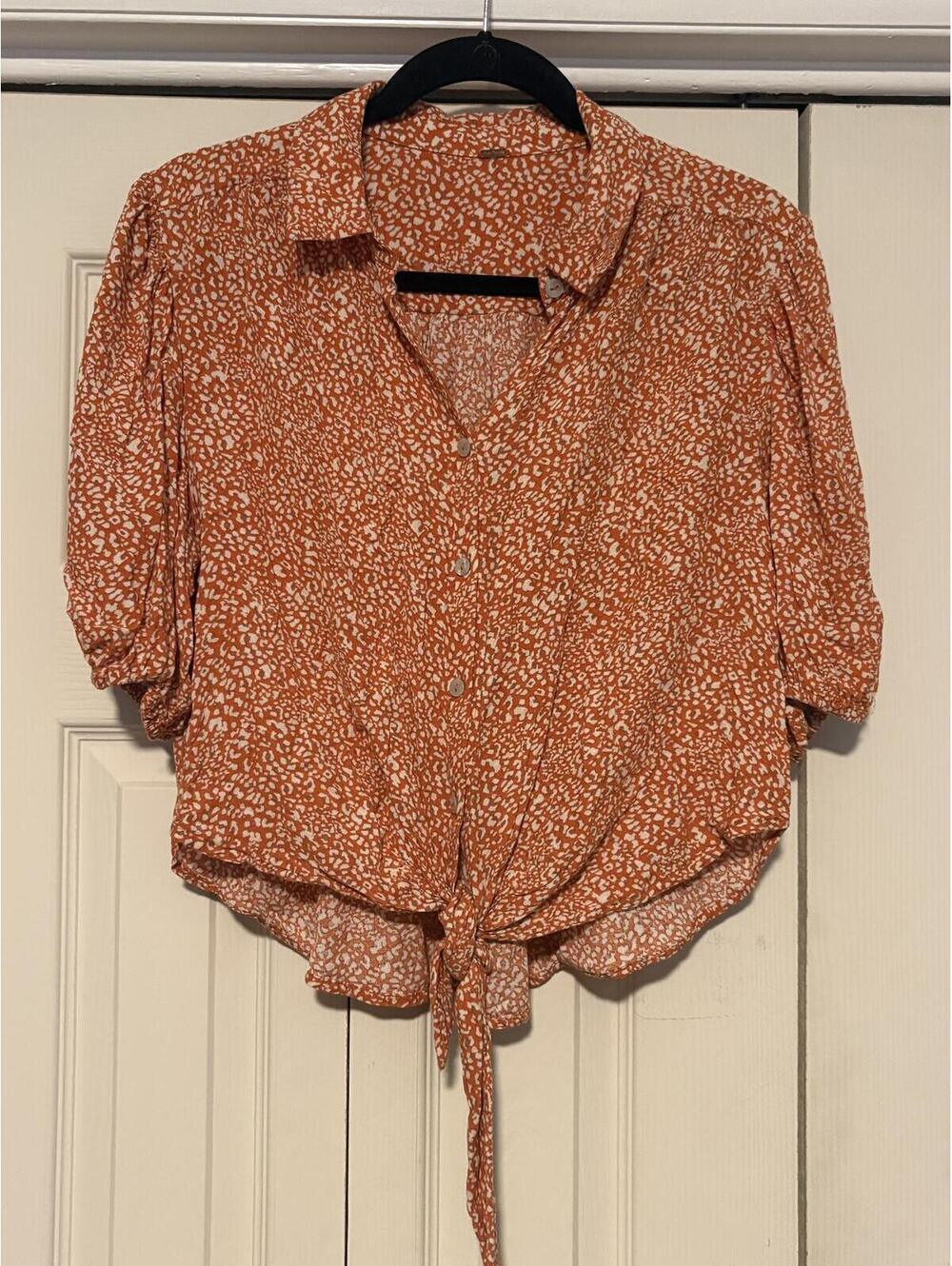 Free People Celia Print Tie-Front Button-Down Boho Blouse | Orange Animal Print - Picture 2 of 7